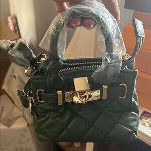 Badgley Mischka Quilted Satchel in Dark Green with Gold Hardware